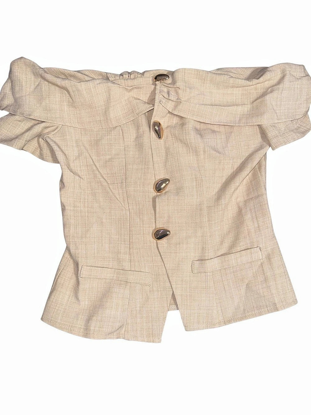 ASTR the Label Off Shoulder Foldover Ruffle Sweater Beige Like New